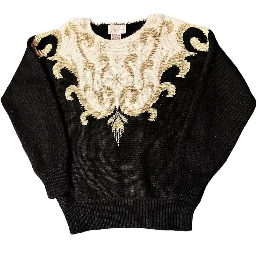 Jocelyn Smith Vtg. Beaded Gold Ivory Black Holiday Fancy Sweater‎ Sz. M Y2K